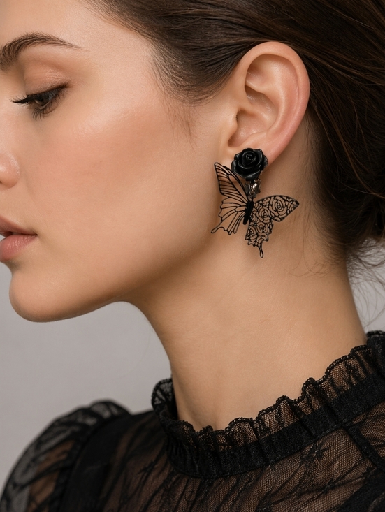 Vintage Jewelry - Vintage 1980s Black Rose Delicate Butterfly Goth Clip-on Earrings